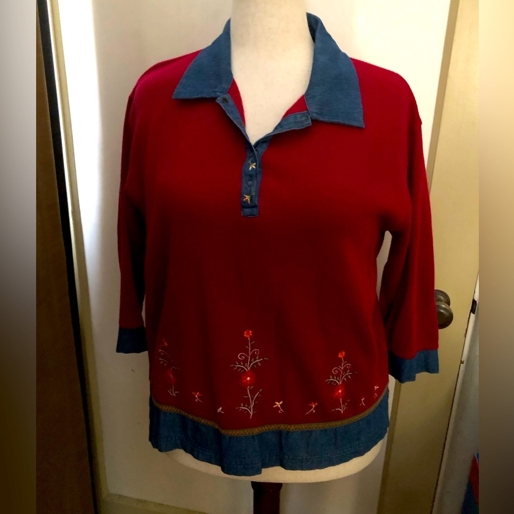 Erika Ruby Red Knit Sweater with Denim Trim and Floral Embroidery